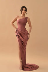 Gorgeous Dusty Rose One-Shoulder Mermaid Prom Dress with Pleats and Split